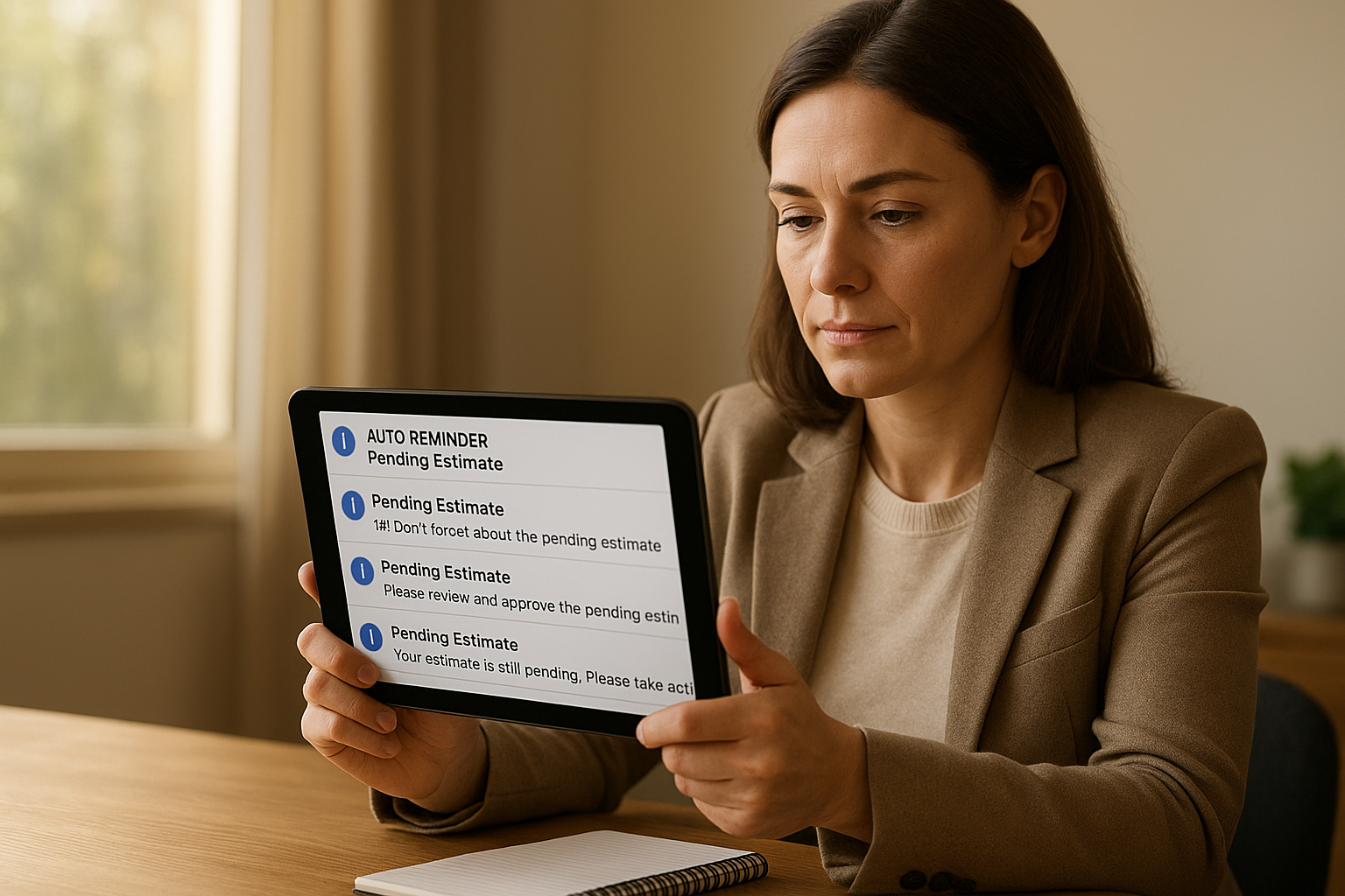 Office manager reviewing automated estimate reminders on a tablet