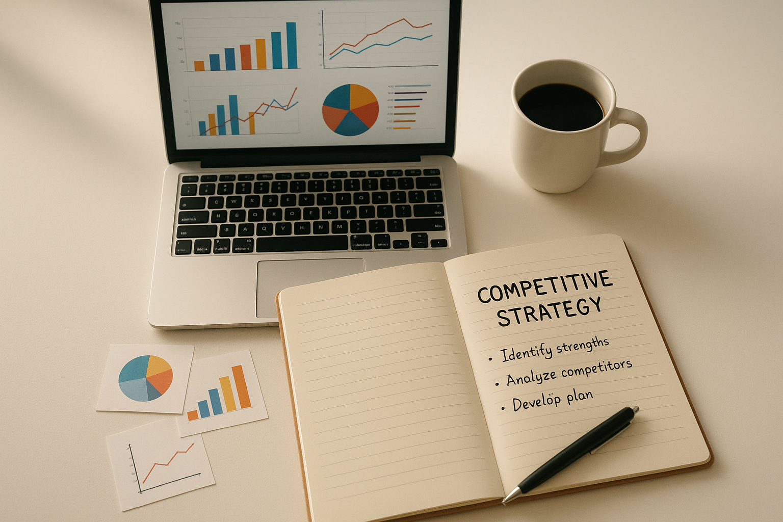Strategic competitive analysis workspace with analytics charts and competitor research notes spread across a desk