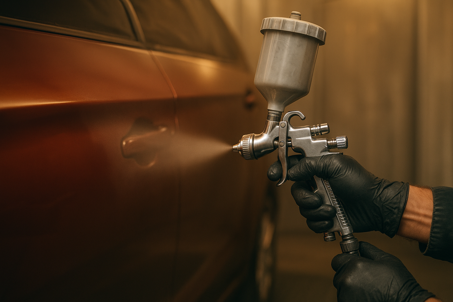Precision paint matching being applied to a vehicle door panel during collision repair