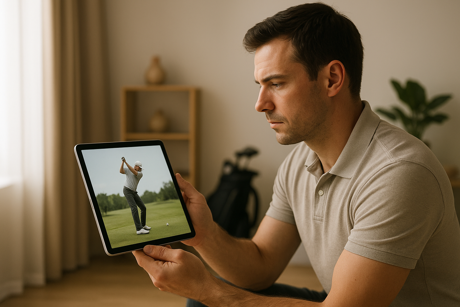Golfer reviewing swing lessons for max improvement on a tablet during a virtual coaching session