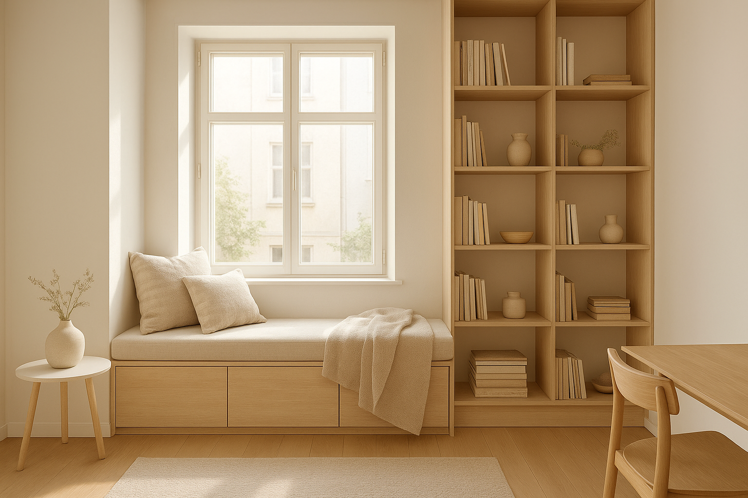 Custom built-ins for ADU interiors shown in a compact studio living space with a window seat and shelving