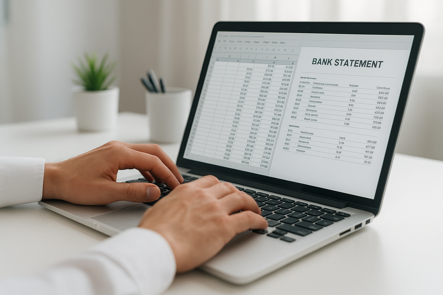 Close-up of a bookkeeper reconciling bank statements during a bookkeeping cleanup