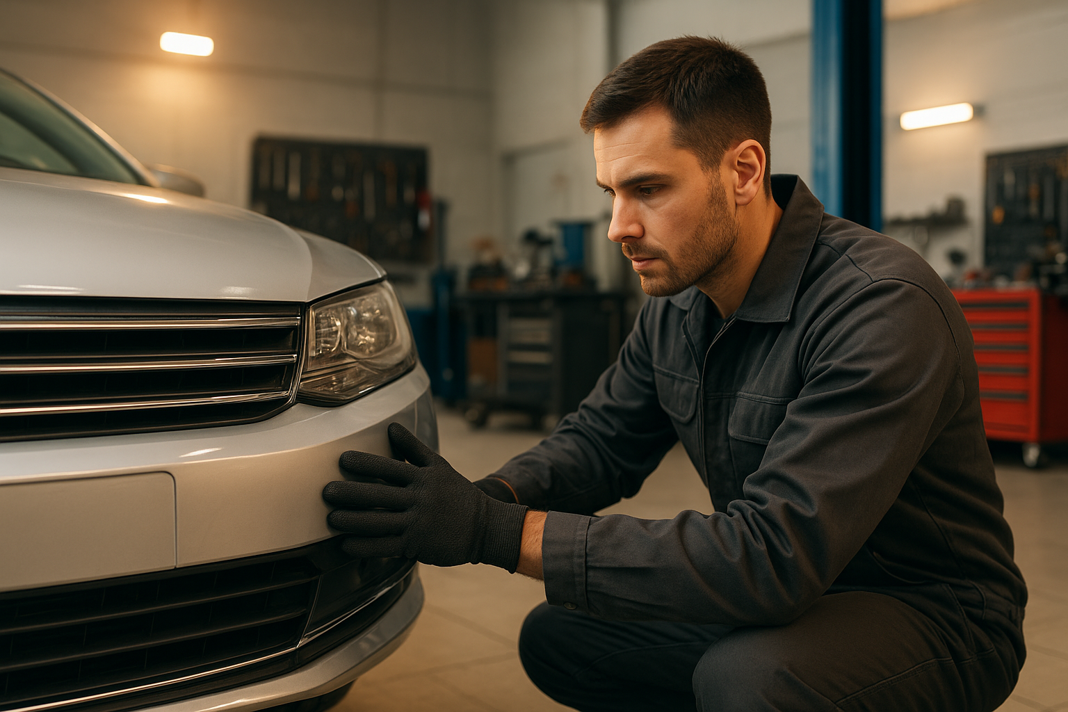 Certified technician performing car bodyshop repairs near me on a silver sedan bumper
