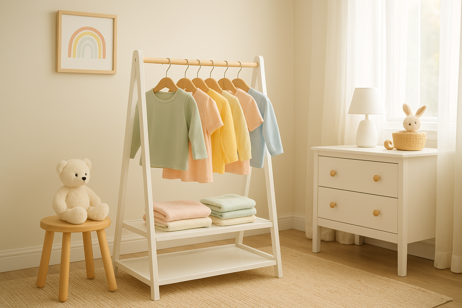 Curated rack of children's clothing representing clothes rental for kids service