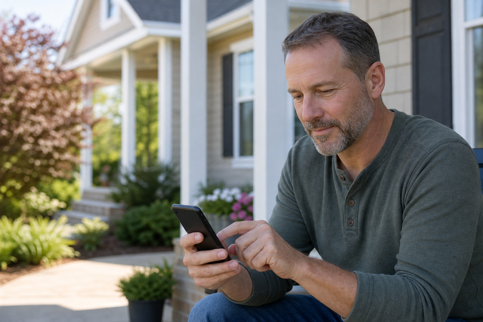 Homeowner filling out a home valuation landing page on a smartphone from their porch