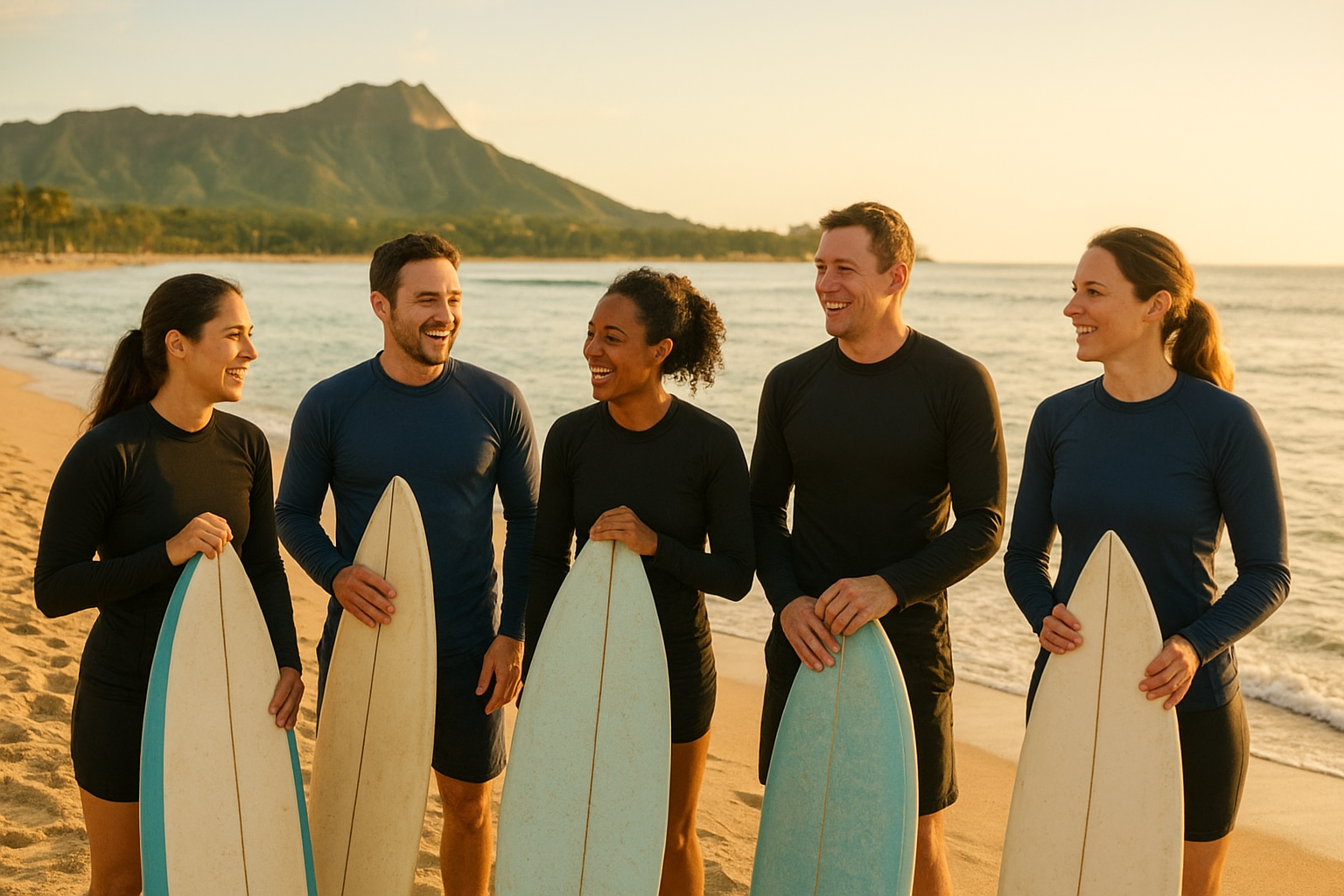 Corporate group preparing for surf lessons on Waikiki Beach during a team-building event