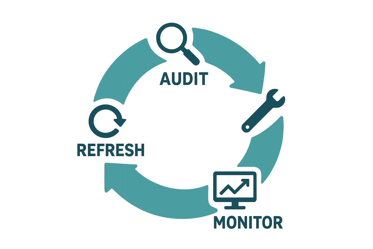 Circular diagram illustrating the continuous cycle of AI-driven SEO monitoring, fixing, and refreshing