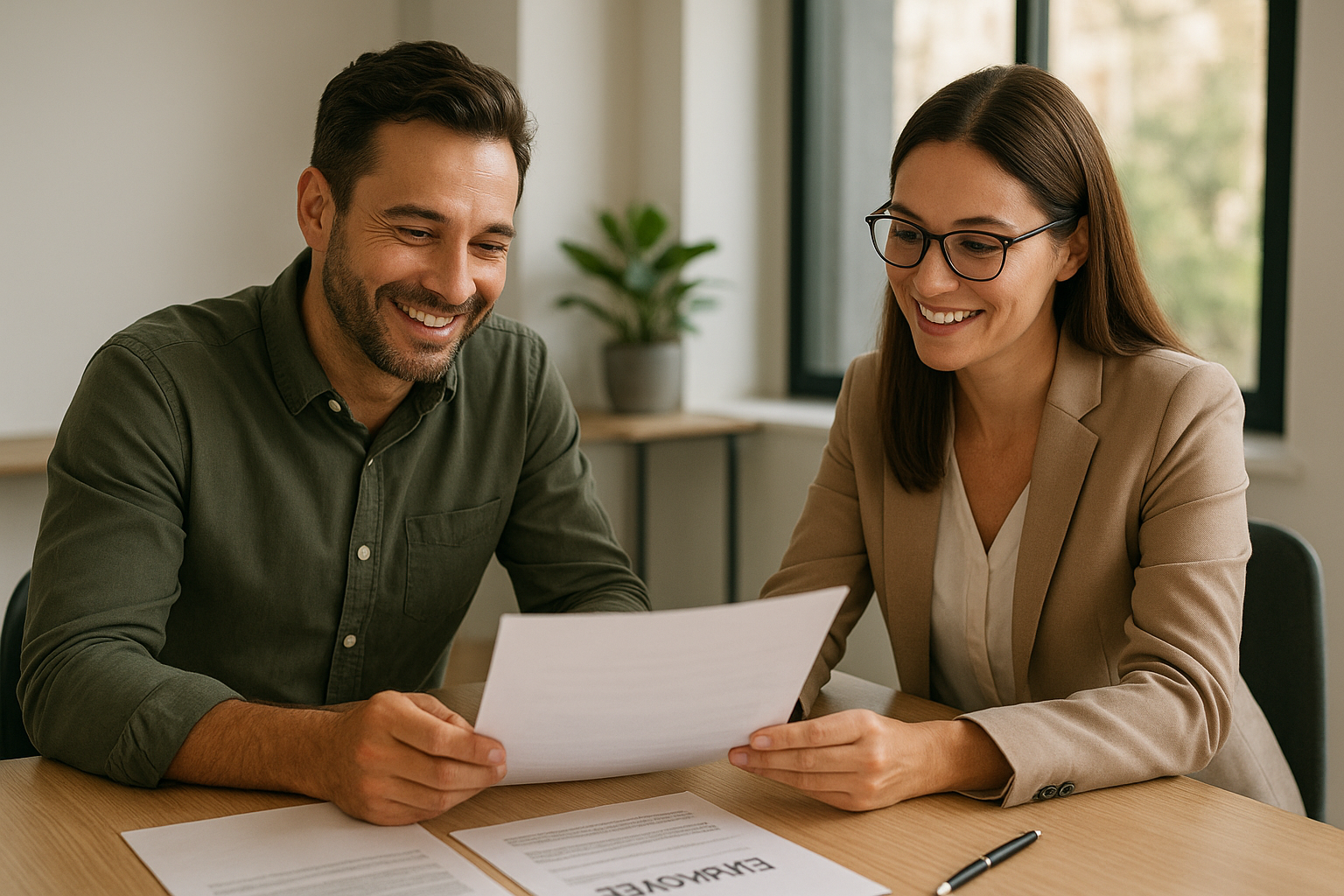 Business owner reviewing HR admin services documents with an HR consultant