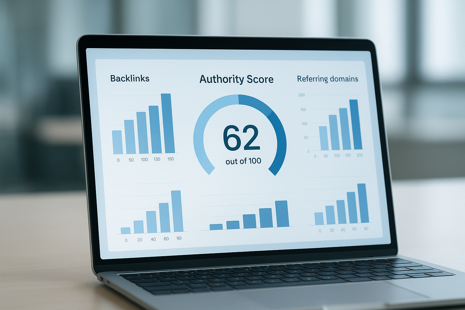 SEMrush website authority checker dashboard displaying an Authority Score gauge and backlink metrics
