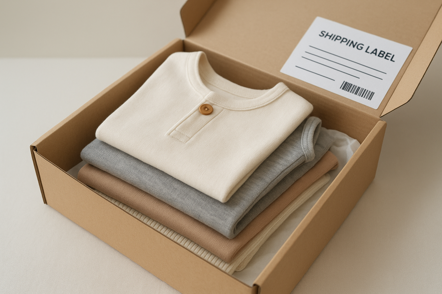 Premium children's clothing folded inside a creative kids outfit subscription delivery box