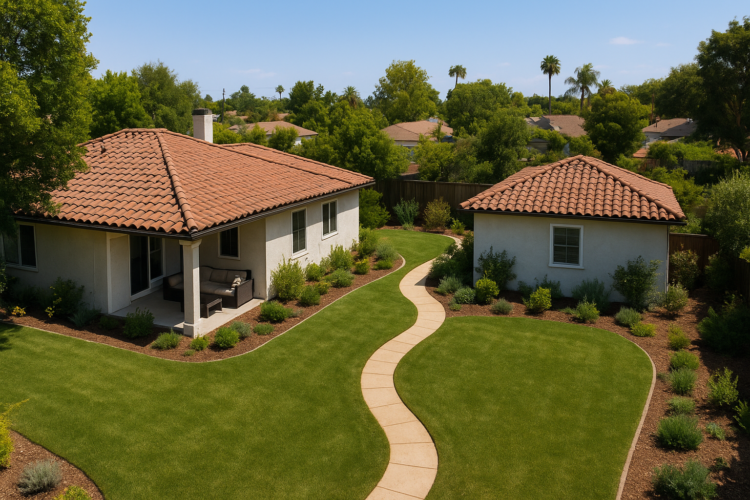Aerial view of a suburban backyard with a main house and separate granny pod cottage