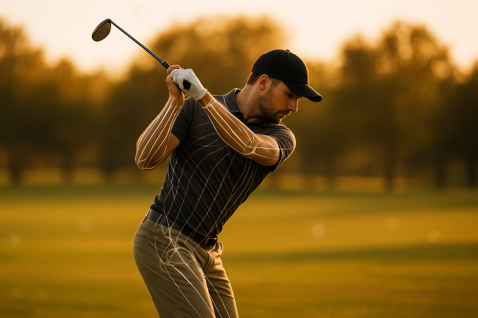 Golfer practicing intensive golf training swing mechanics on a range at sunset