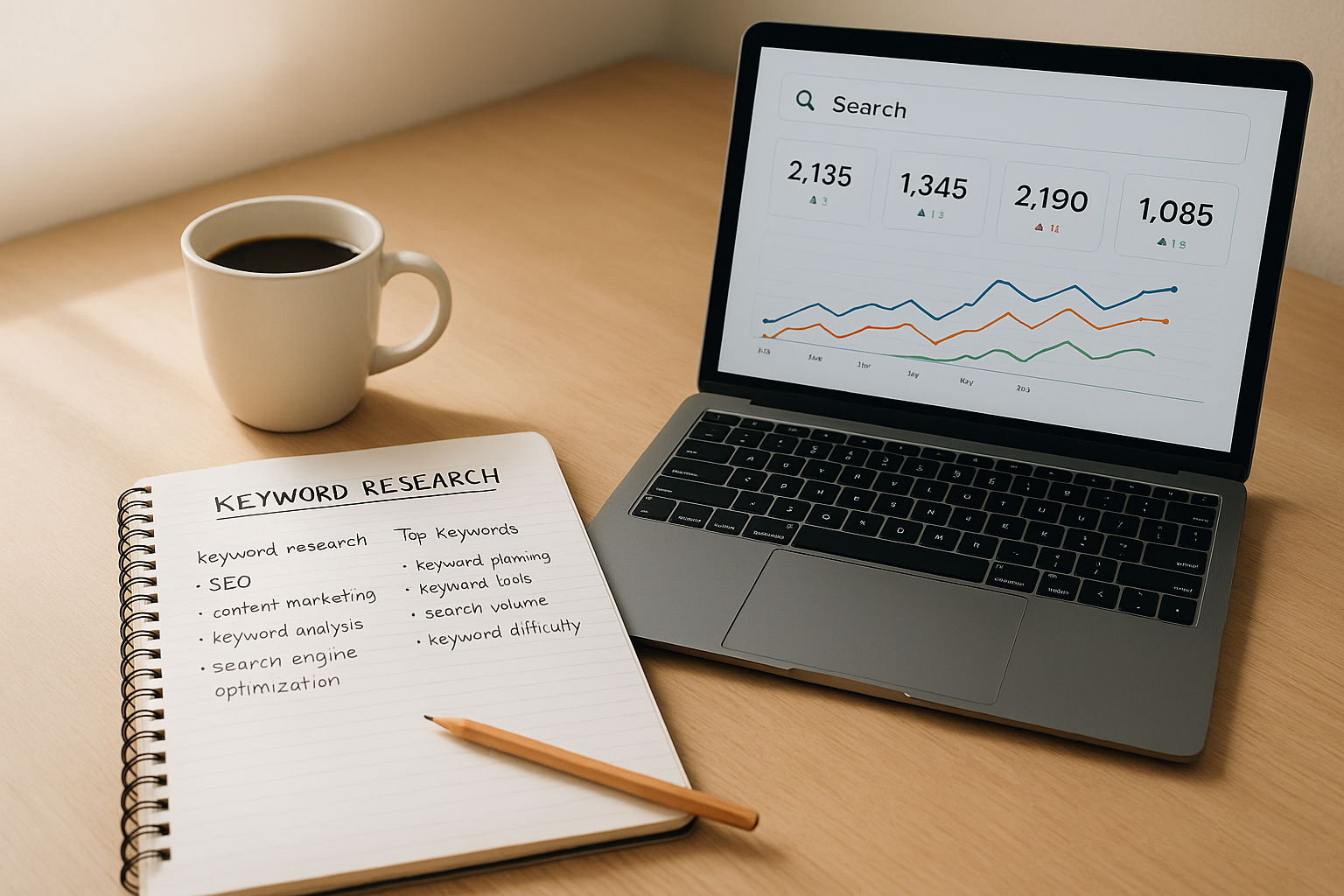 Keyword research notes and analytics dashboard representing the SEO search keywords planning process