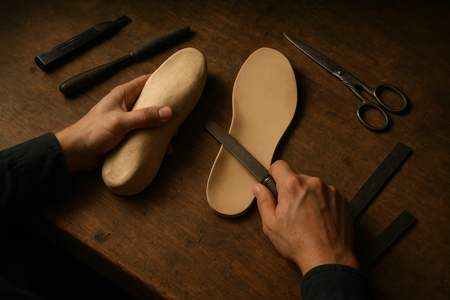 Technician hand-fabricating a custom orthotic insole from a foot mold in an orthopedic lab