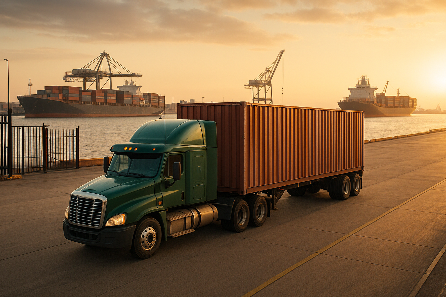 Drayage truck hauling a shipping container away from a port with cargo ships in the background