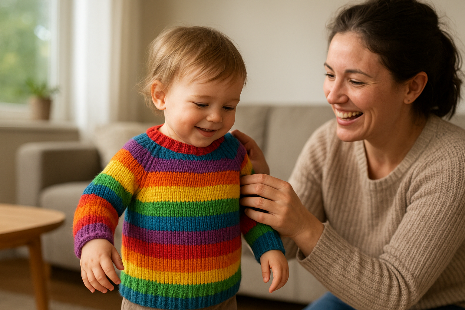 Parent helping toddler try on clothing from a rotating children's wardrobe service