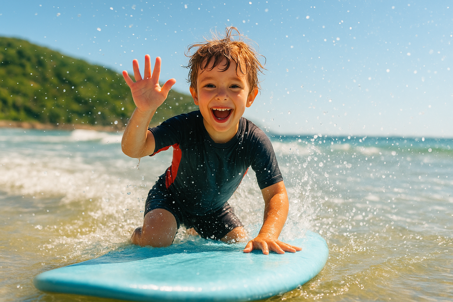 Child riding a wave during a beginner surf lesson in Oahu