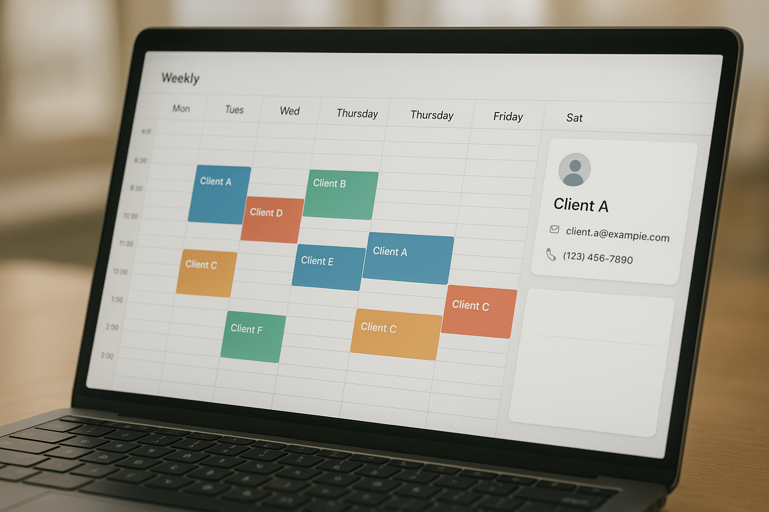 Laptop screen displaying a weekly business calendar linked to a client contact record