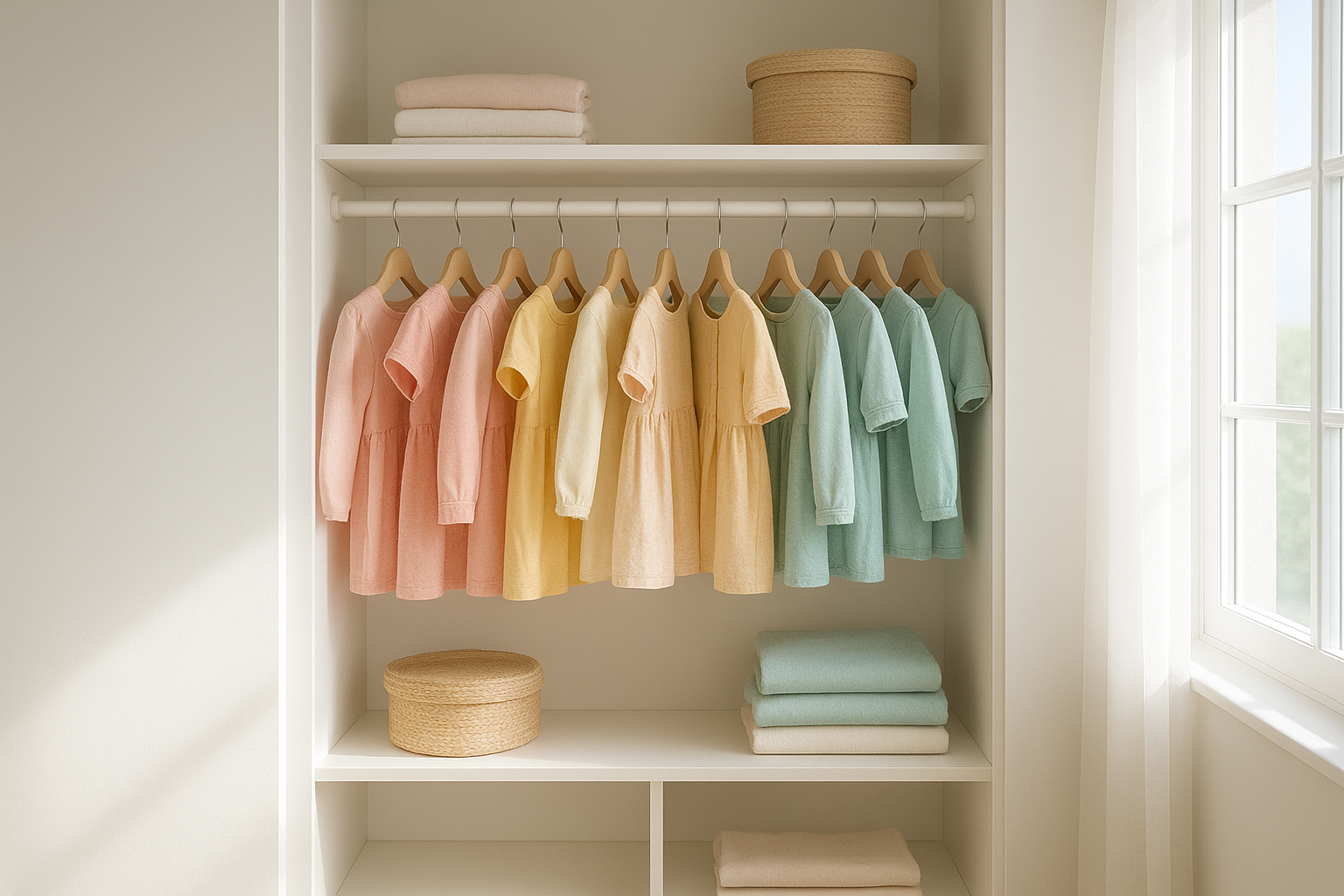 Organized closet showing rotating outfits from a kids clothing rental membership