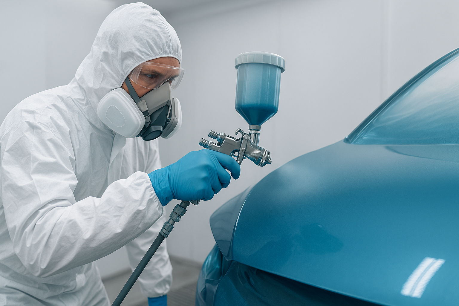 Auto body painter applying computer-matched metallic blue paint inside a professional spray booth during collision repair