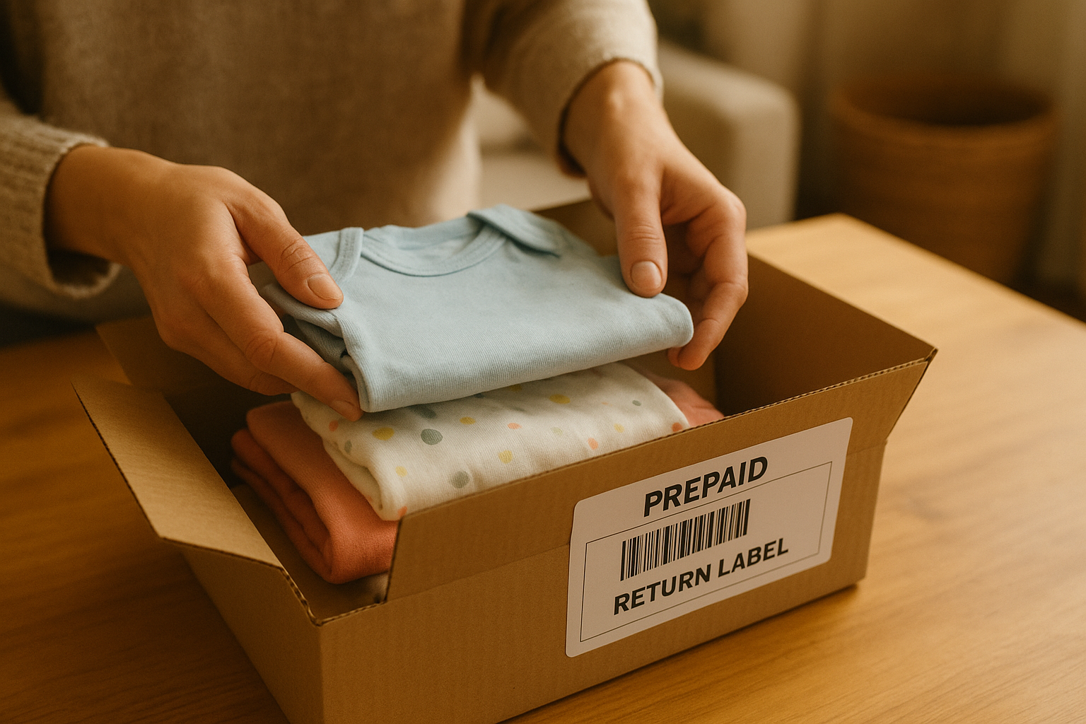 Parent preparing a return shipment for a children's clothing rental swap