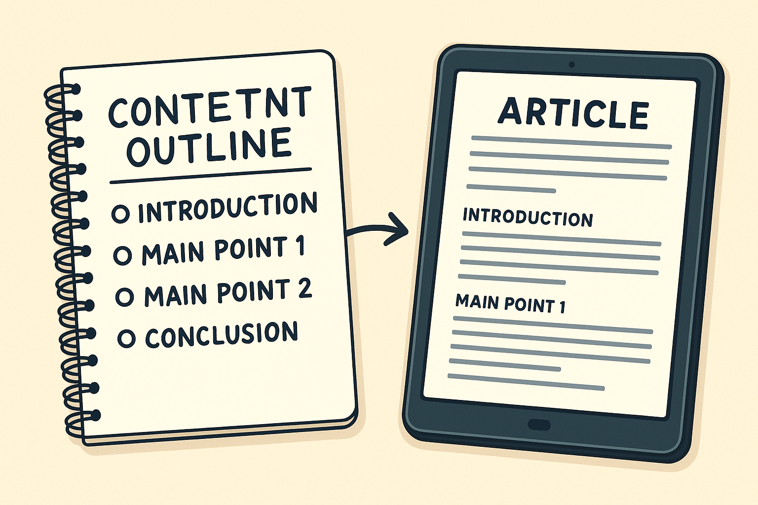 Conceptual image of a rough content idea transforming into a polished AI-assisted article