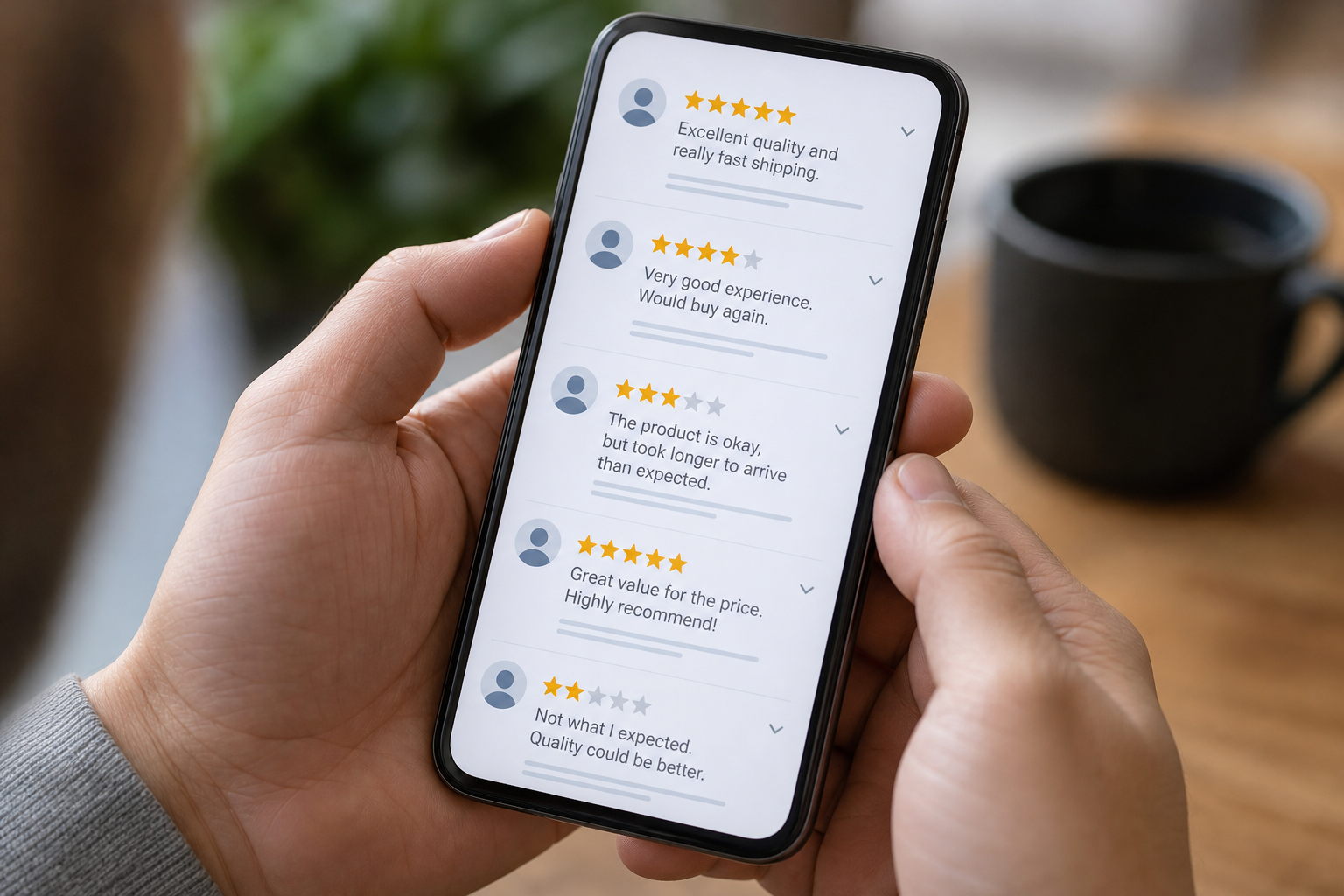 Close-up of a smartphone showing customer star ratings and reviews for a local service business