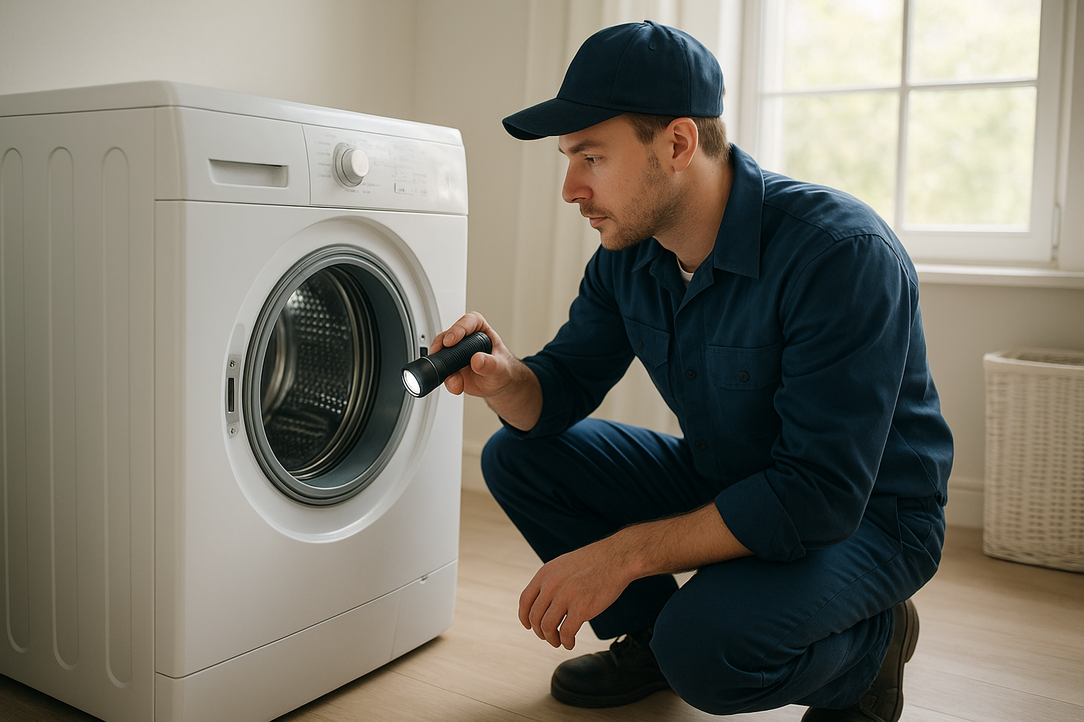 Technician performing a washer repair service near me inspection in a Santa Rosa home