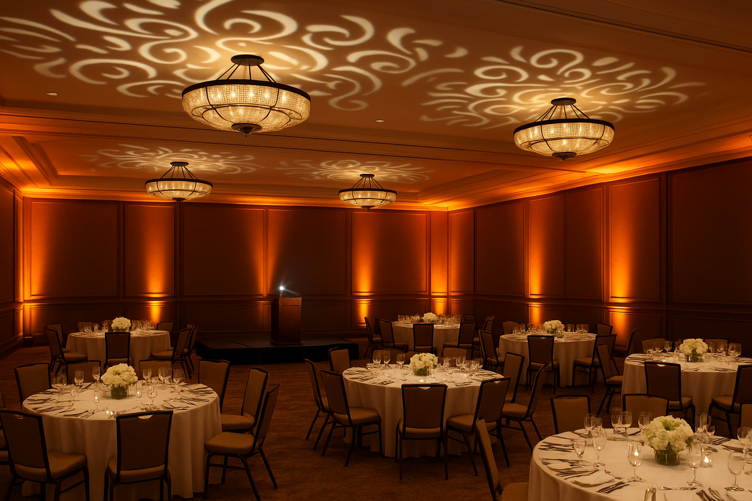Corporate event ballroom with professional uplighting and spotlight stage lighting design