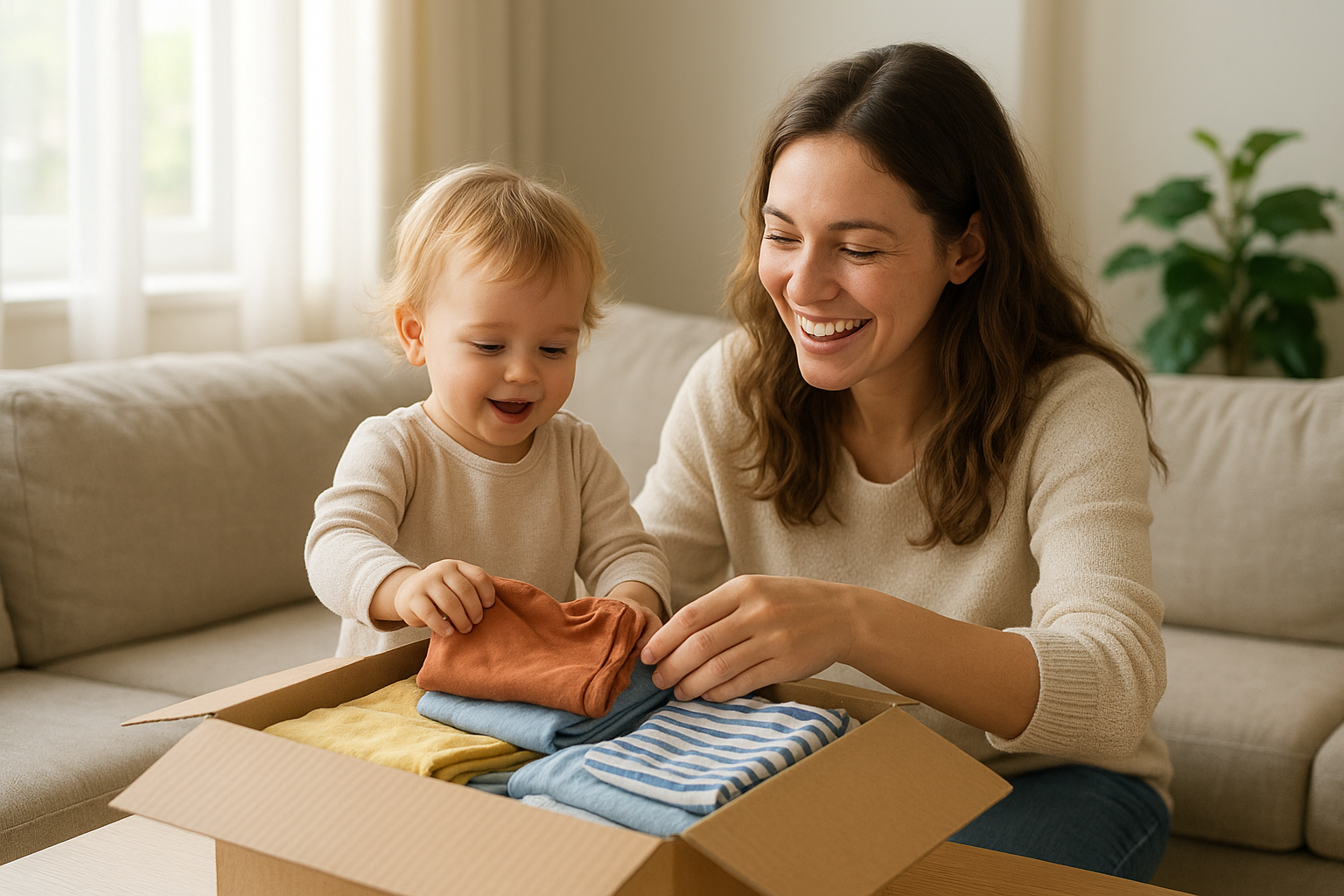 Parent and toddler opening a childrenswear subscription box delivery at home