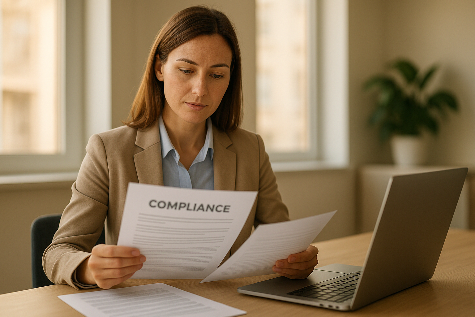 HR professional reviewing HR compliance support documents in an office