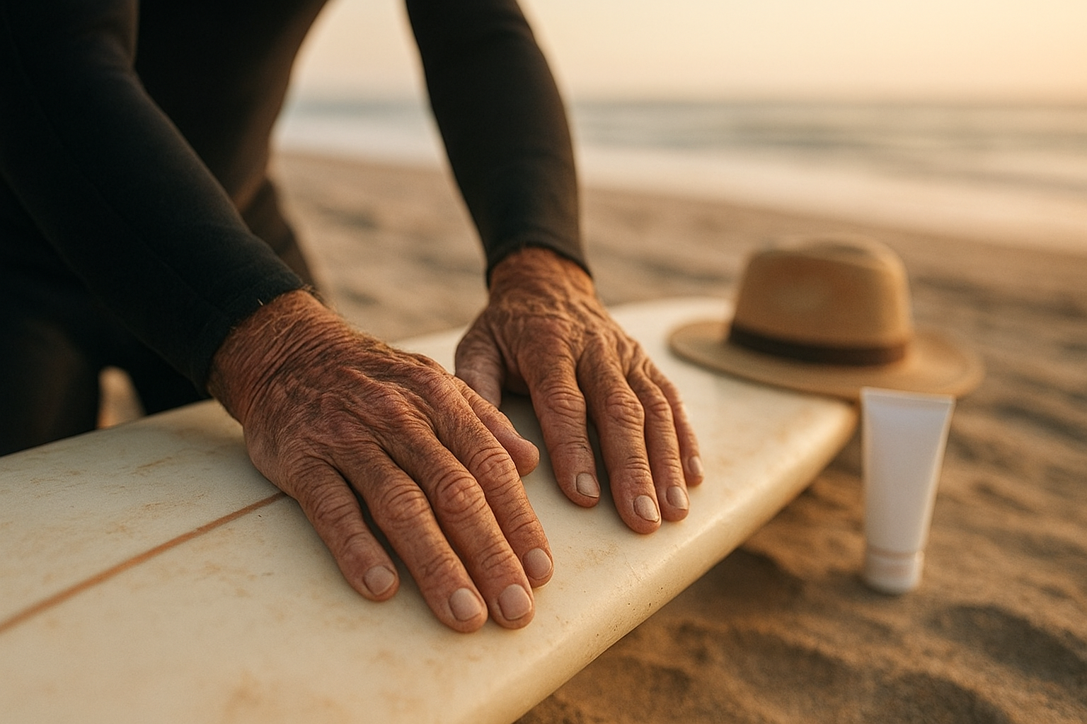 Hands preparing a surfboard on the beach before a senior surf lesson