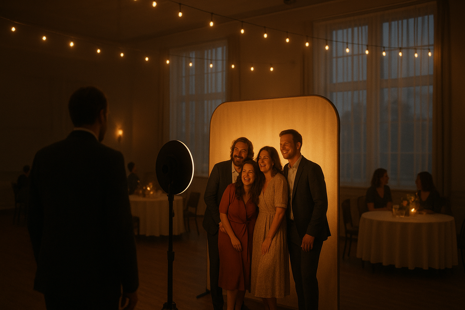 Guests posing at a photo booth shop rental during an evening reception