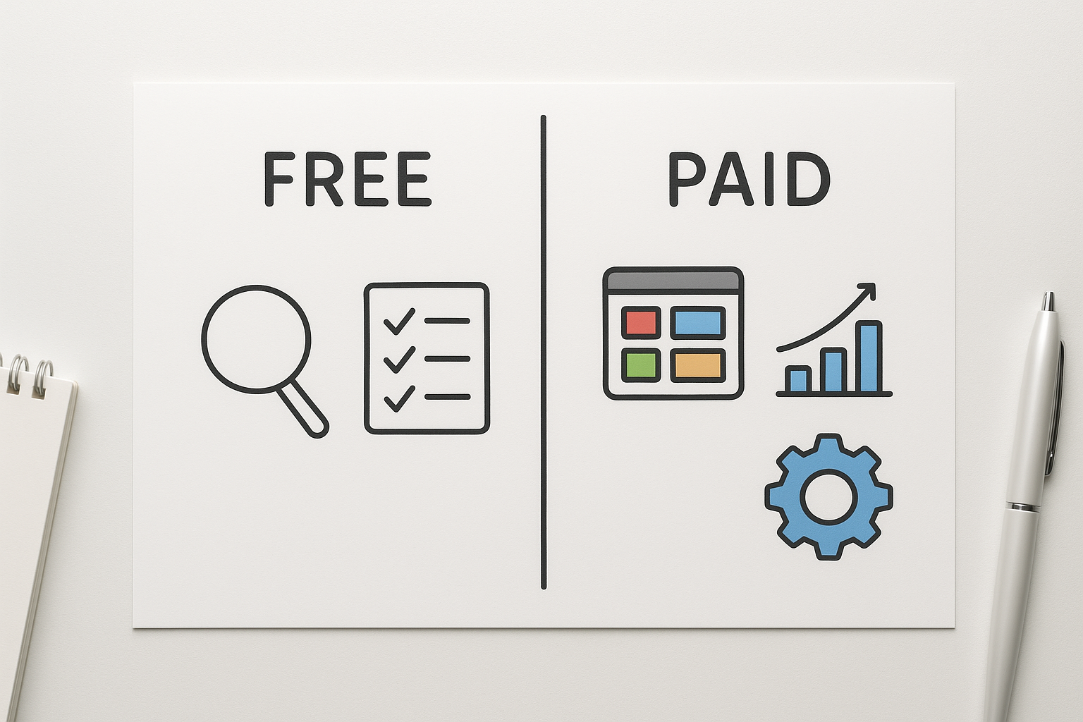 Visual comparison of free versus paid SEO tool options showing features and trade-offs