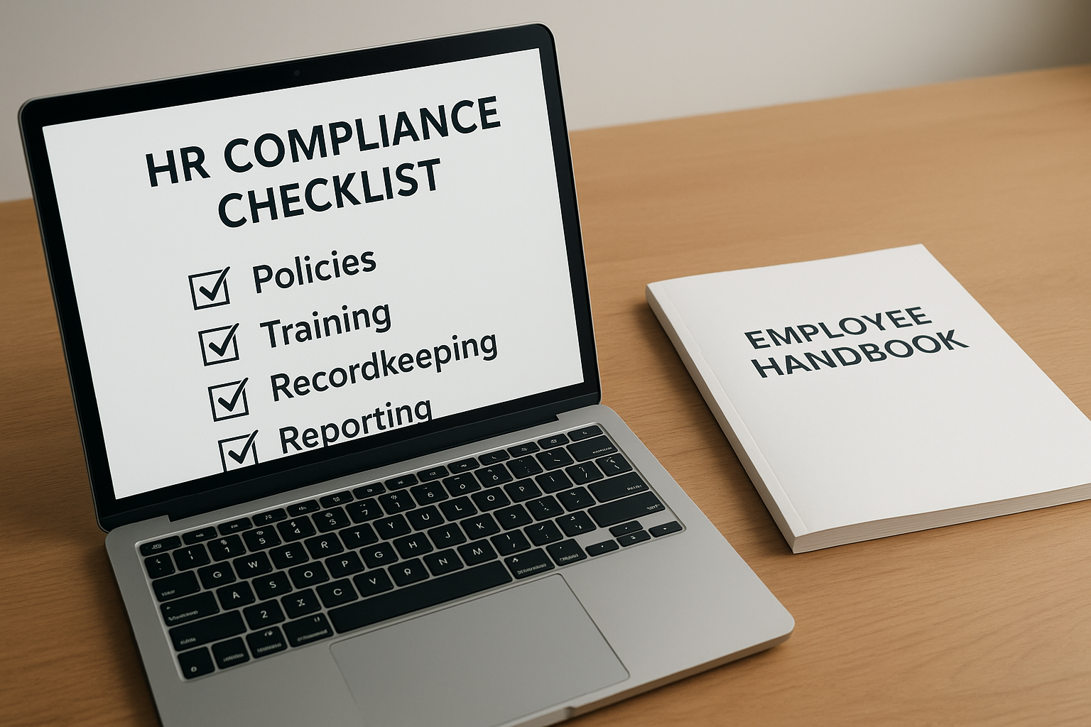 Laptop displaying an HR compliance checklist alongside an employee handbook during an HR consulting review