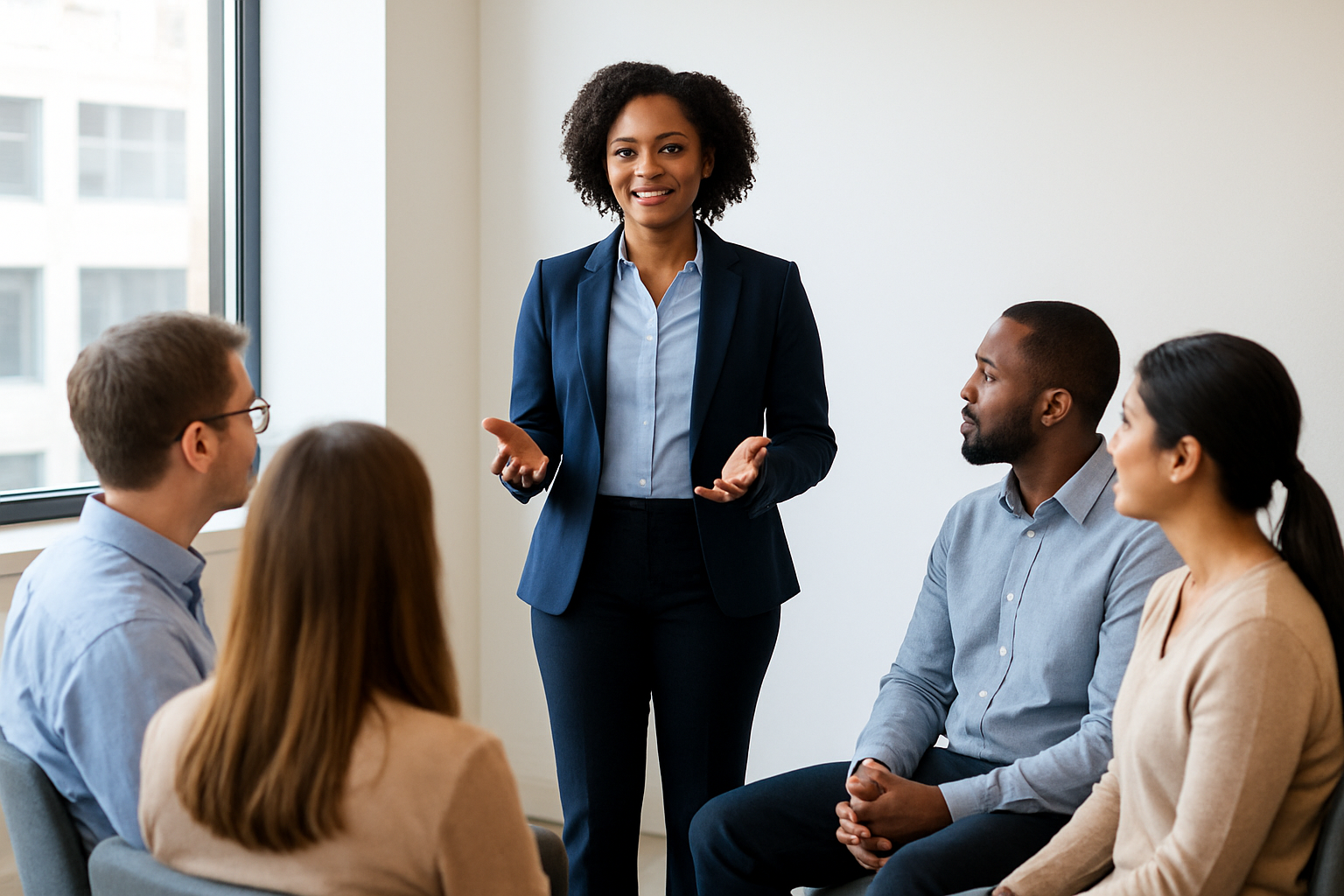 Manager presenting leadership development content to a small team in a modern office