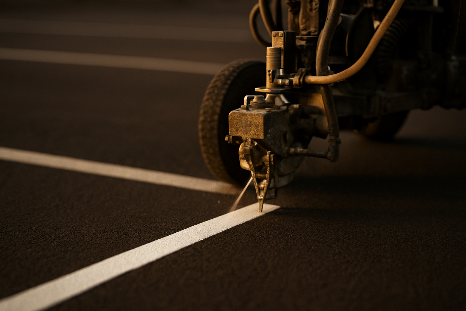 Professional striping machine applying precise white parking lot lines on asphalt