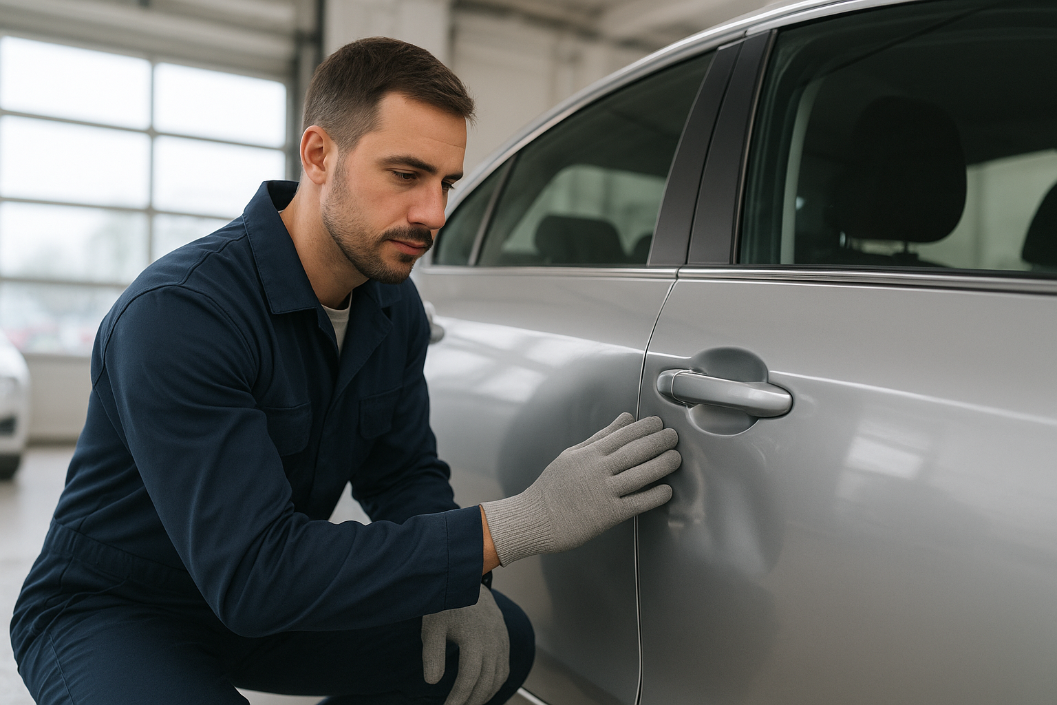 Technician inspecting vehicle damage during Brea insurance auto body repair estimate