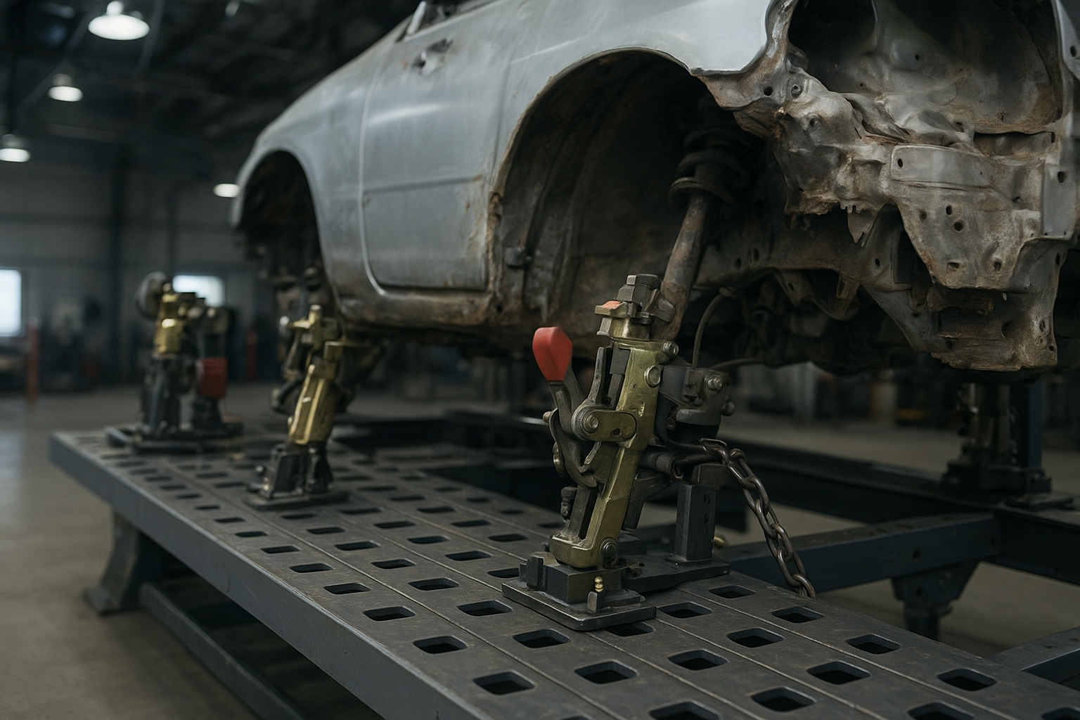 Vehicle frame straightening equipment used during structural collision repair in a professional body shop