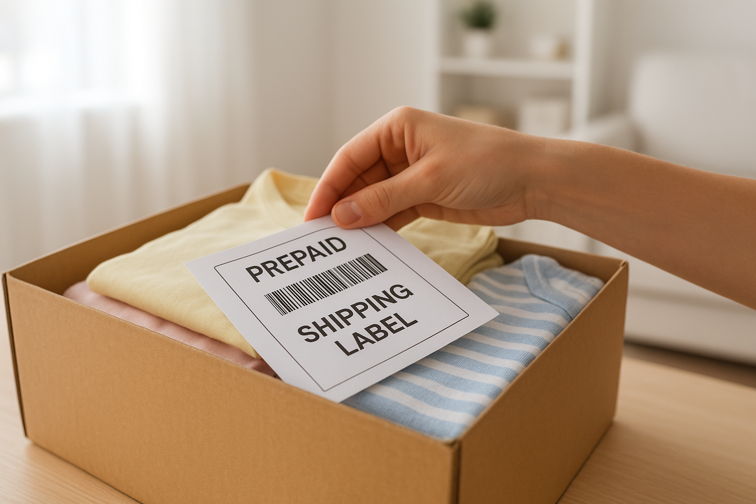 Parent preparing a prepaid return shipping box for a children's clothing subscription swap