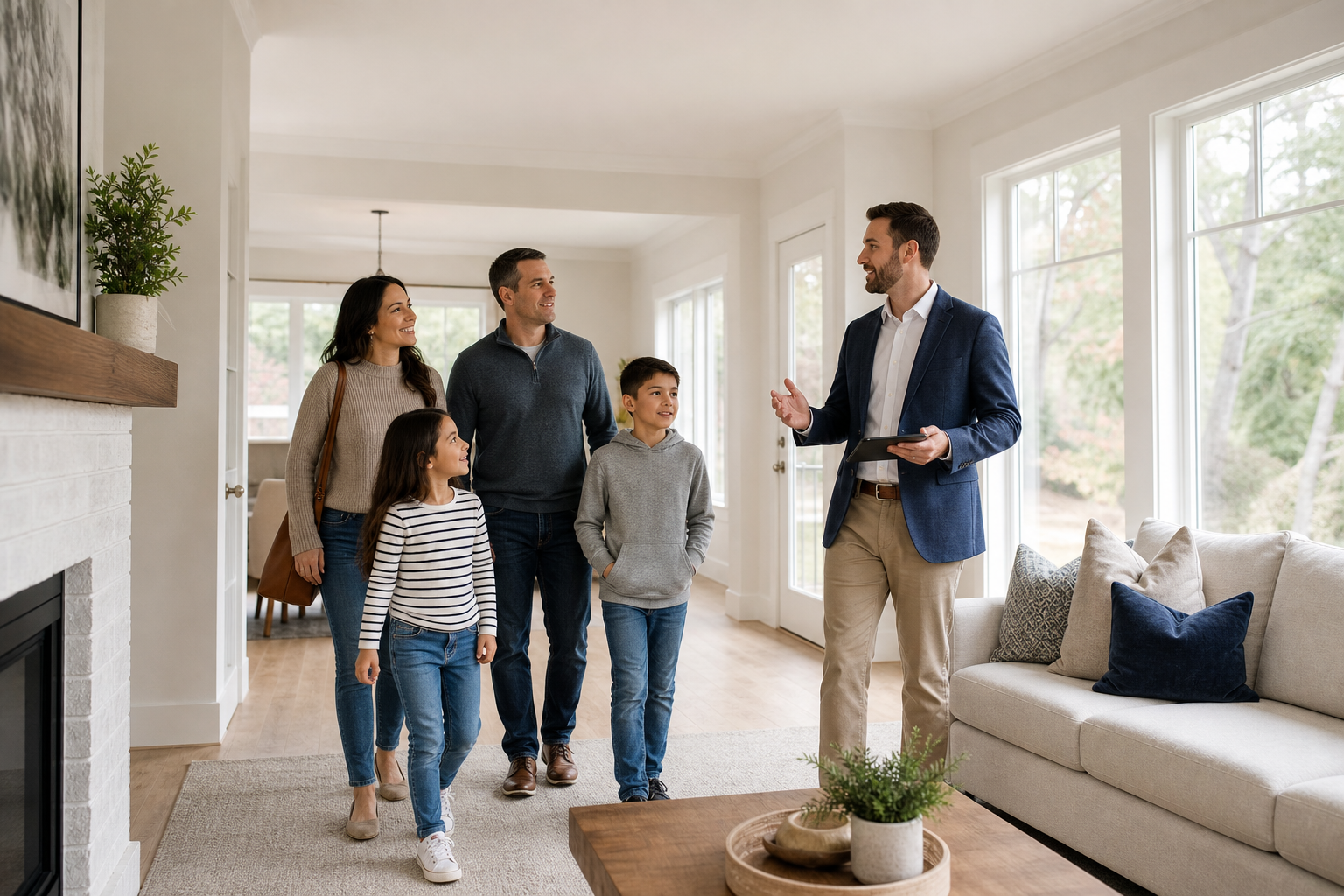 Real estate agent showing a spacious living room to a family touring a large home