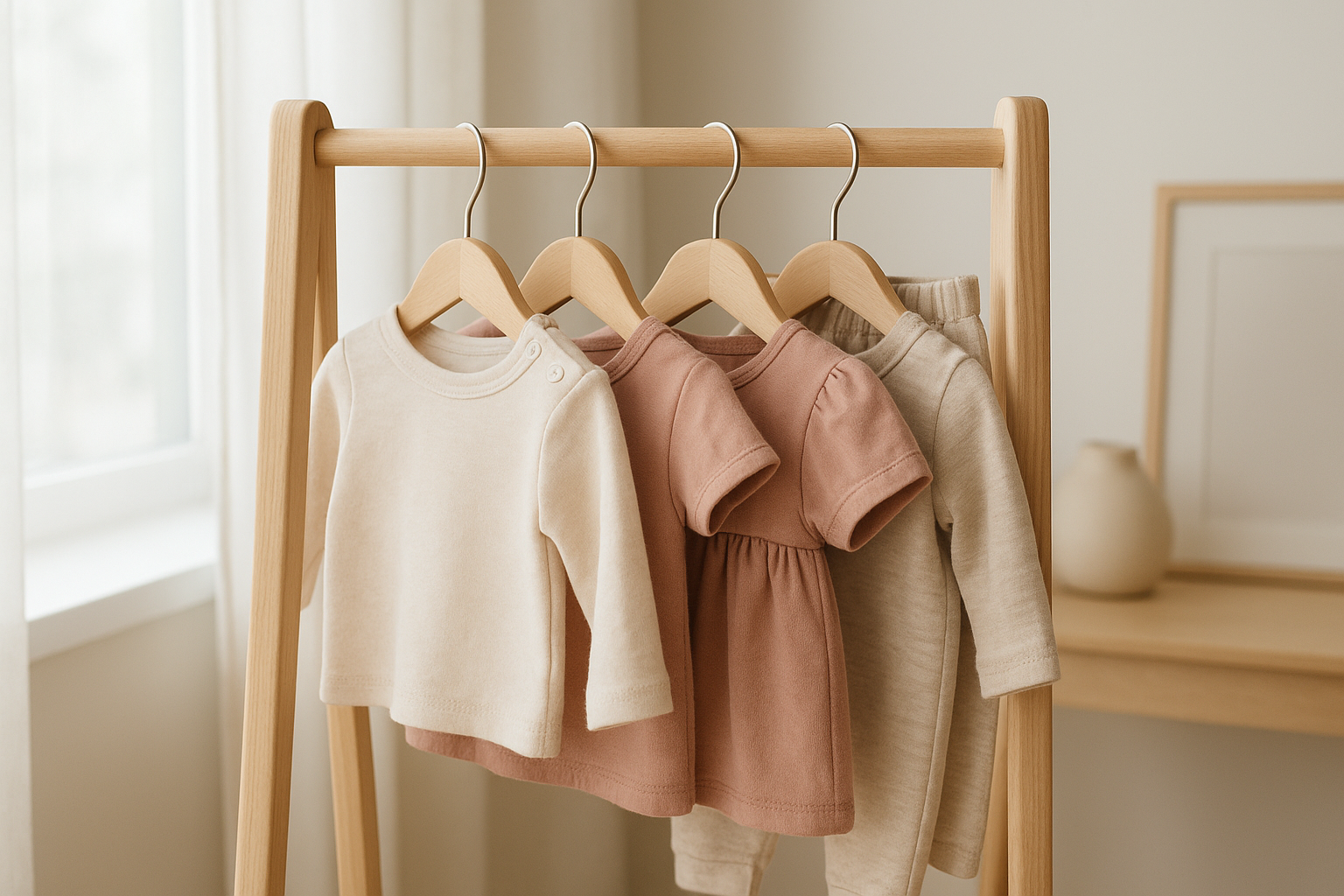 Small children's clothes hanging neatly on a wooden rack representing a well-managed kids wardrobe