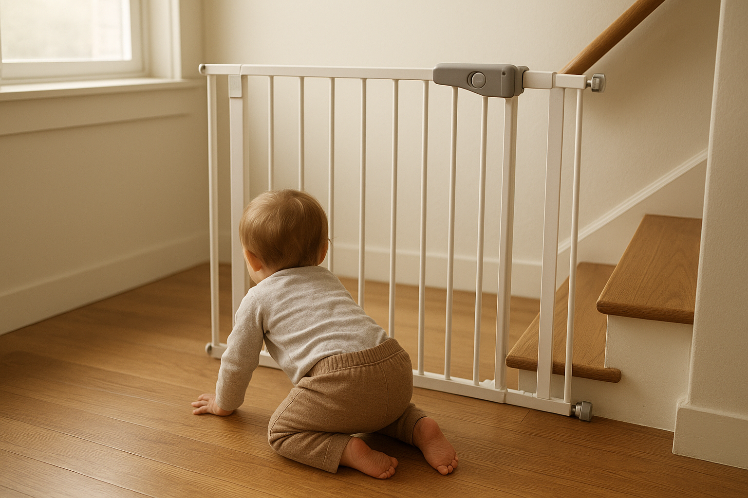 Toddler near a securely mounted stair gate demonstrating home childproofing