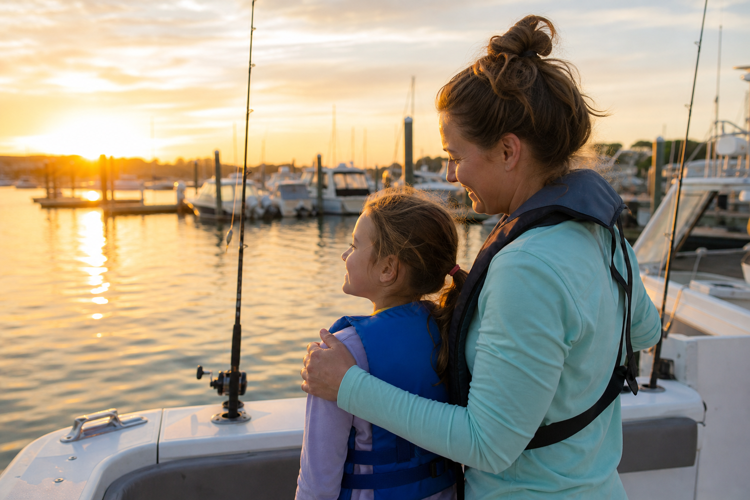 Mother and daughter preparing to board a private charter boat for a family fishing trip near Calabash