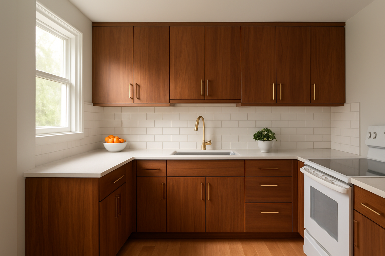 Kitchen showcasing innovative kitchen refacing techniques with walnut veneer cabinet doors