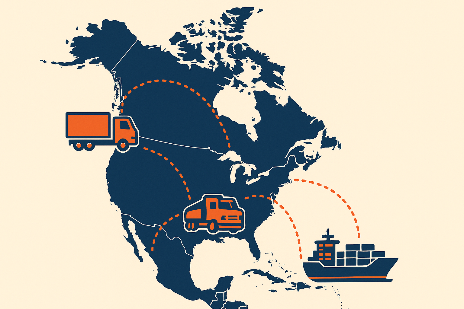 Illustrated map showing freight routes connecting trucking, rail, and ocean shipping across North America