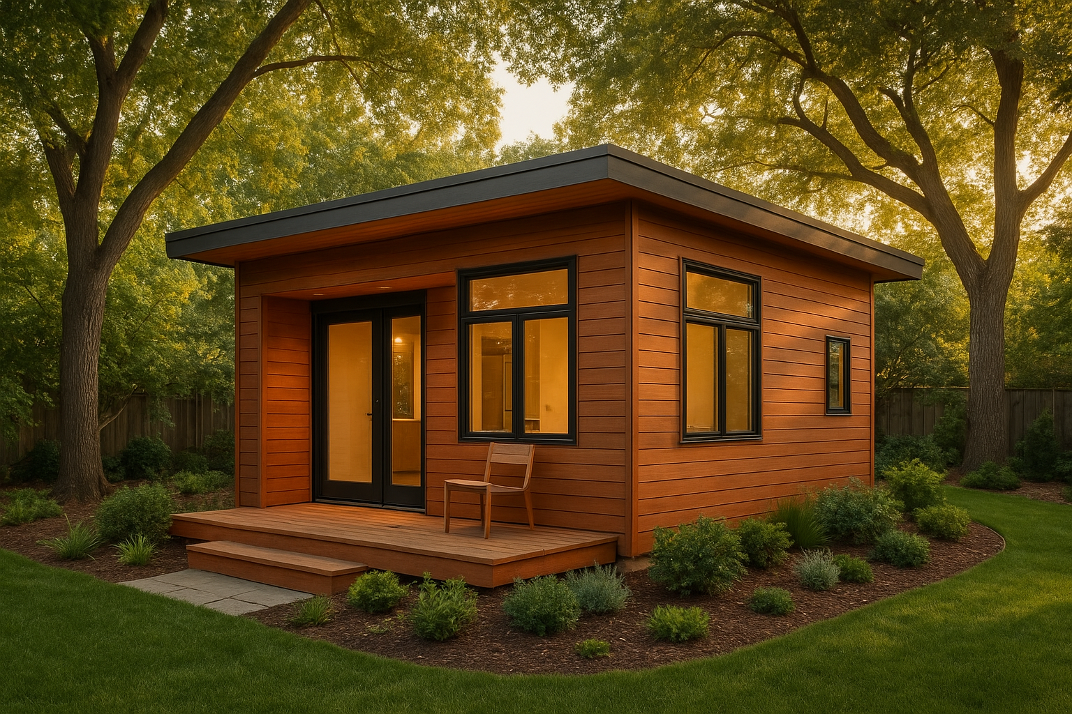 Completed detached backyard ADU cottage with wood siding and large windows in a residential garden