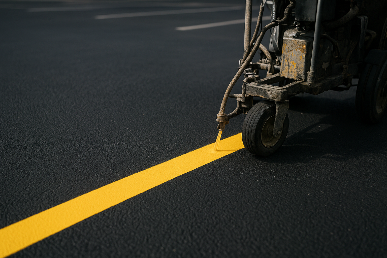 Striping machine applying a fresh line during a Denton TX commercial parking lot project