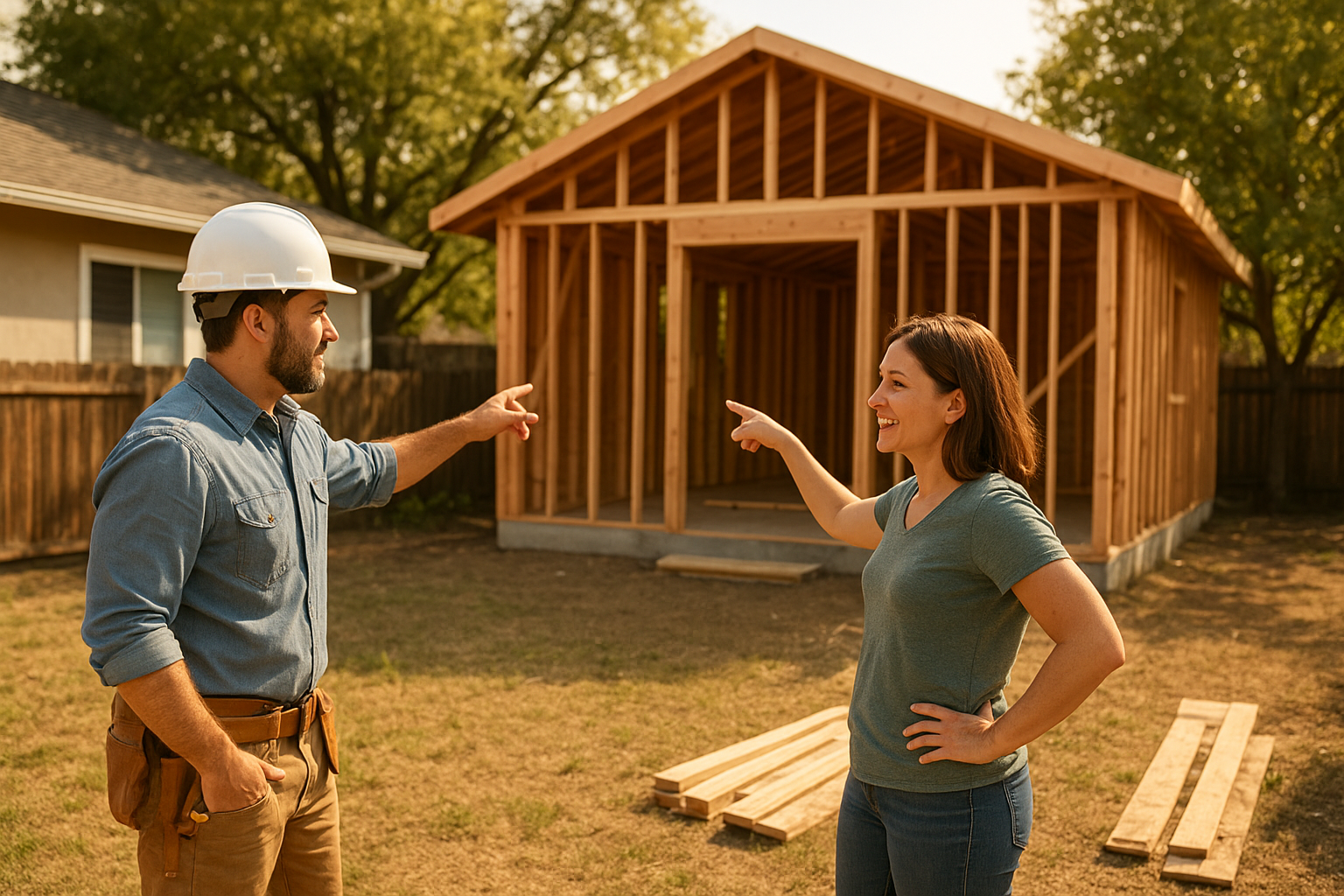 Contractor discussing permitted ADU construction progress with a homeowner in a backyard