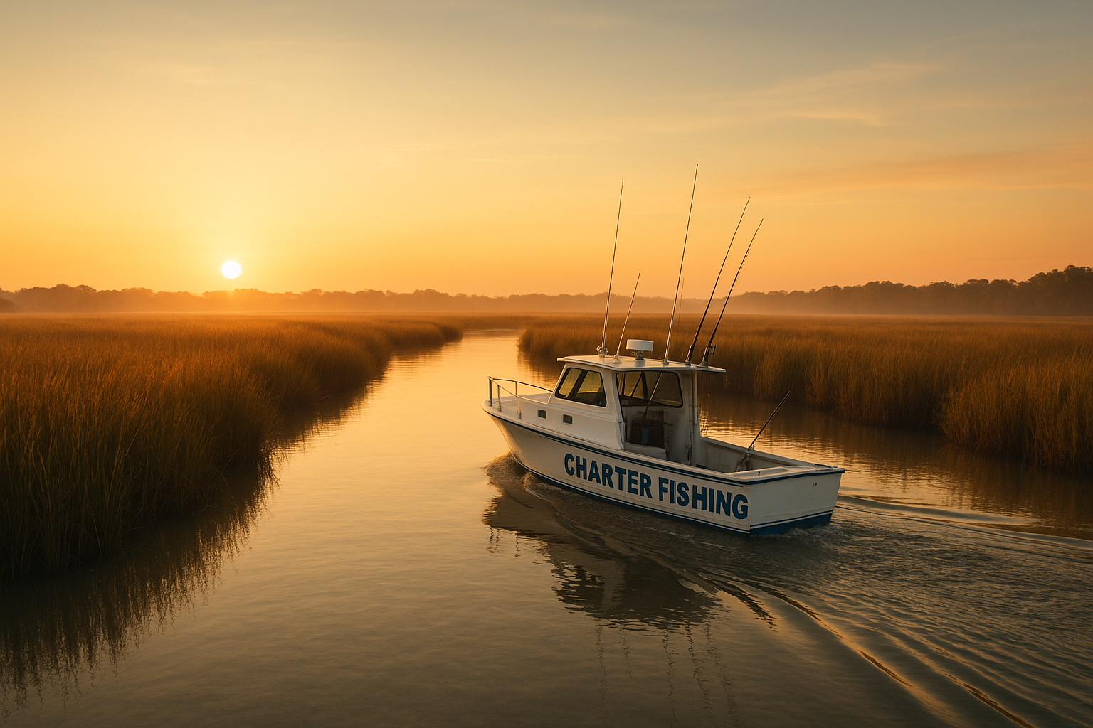 Charter boat cruising an inshore creek near Forestbrook SC at sunrise